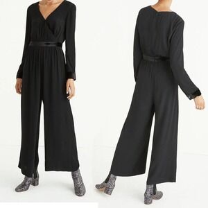 Madewell Velvet Trimmed‎ Jumpsuit Size 14 Black Drapey Wrap Relaxed Wide Leg
